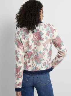 Floral tapestry denim hem cardigan