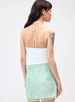 Flowers, sequins and pearls turquoise miniskirt