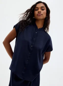 Flowy satin cap-sleeve blouse