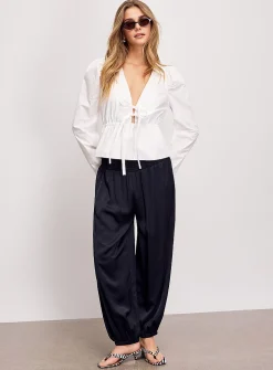 Flowy satin smock-waist jogger