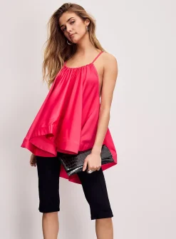 Fuchsia satin flared sleeveless blouse