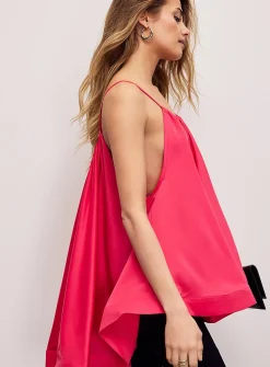 Fuchsia satin flared sleeveless blouse