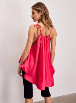 Fuchsia satin flared sleeveless blouse