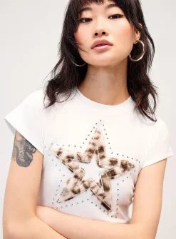 Fuzzy leopard print star fitted T-shirt
