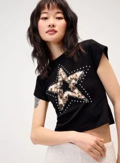 Fuzzy leopard print star fitted T-shirt