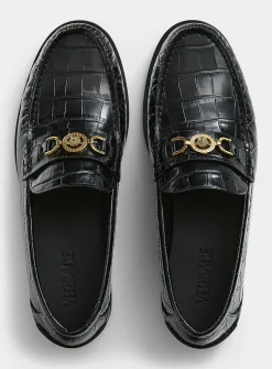 Golden buckle faux croc-skin leather loafers