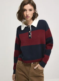 Golden buttons polo collar striped cropped sweater