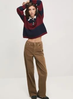 Golden buttons polo collar striped cropped sweater