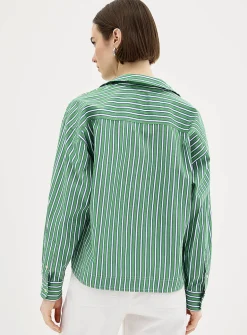 Green stripes open-collar loose blouse