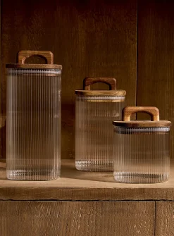 Grooved glass and wood large storage jar
