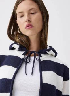 Hooded striped zip-up cardigan