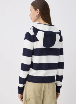 Hooded striped zip-up cardigan