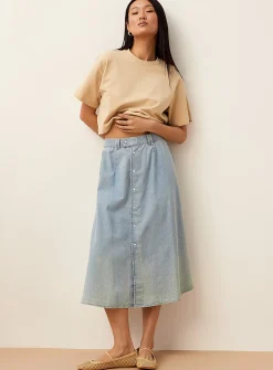 Iridescent buttons lightweight denim midi skirt