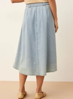 Iridescent buttons lightweight denim midi skirt