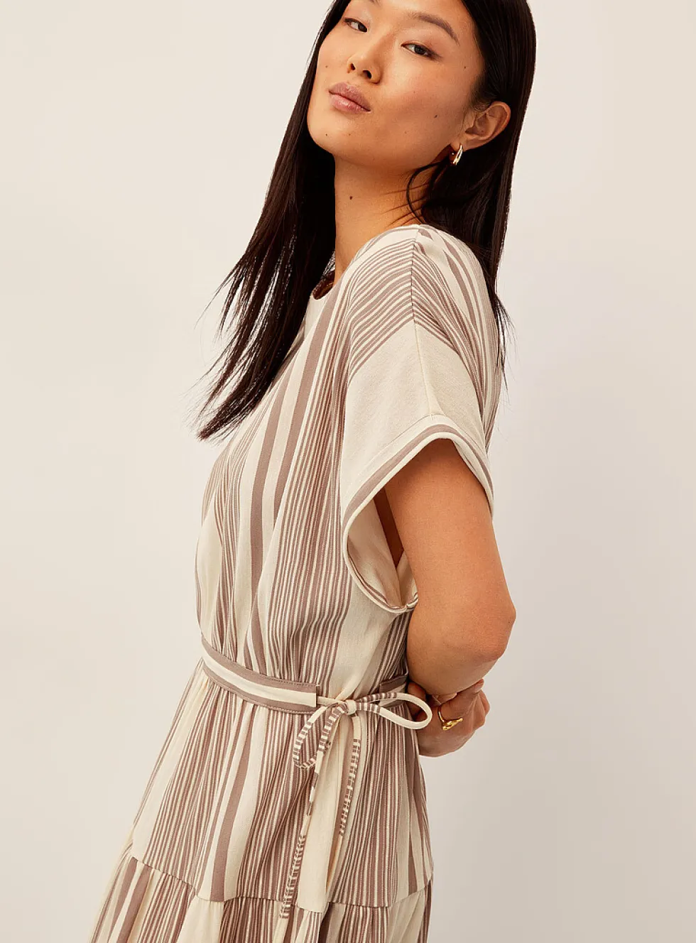 Irregular stripes tie-up waist piqué minidress