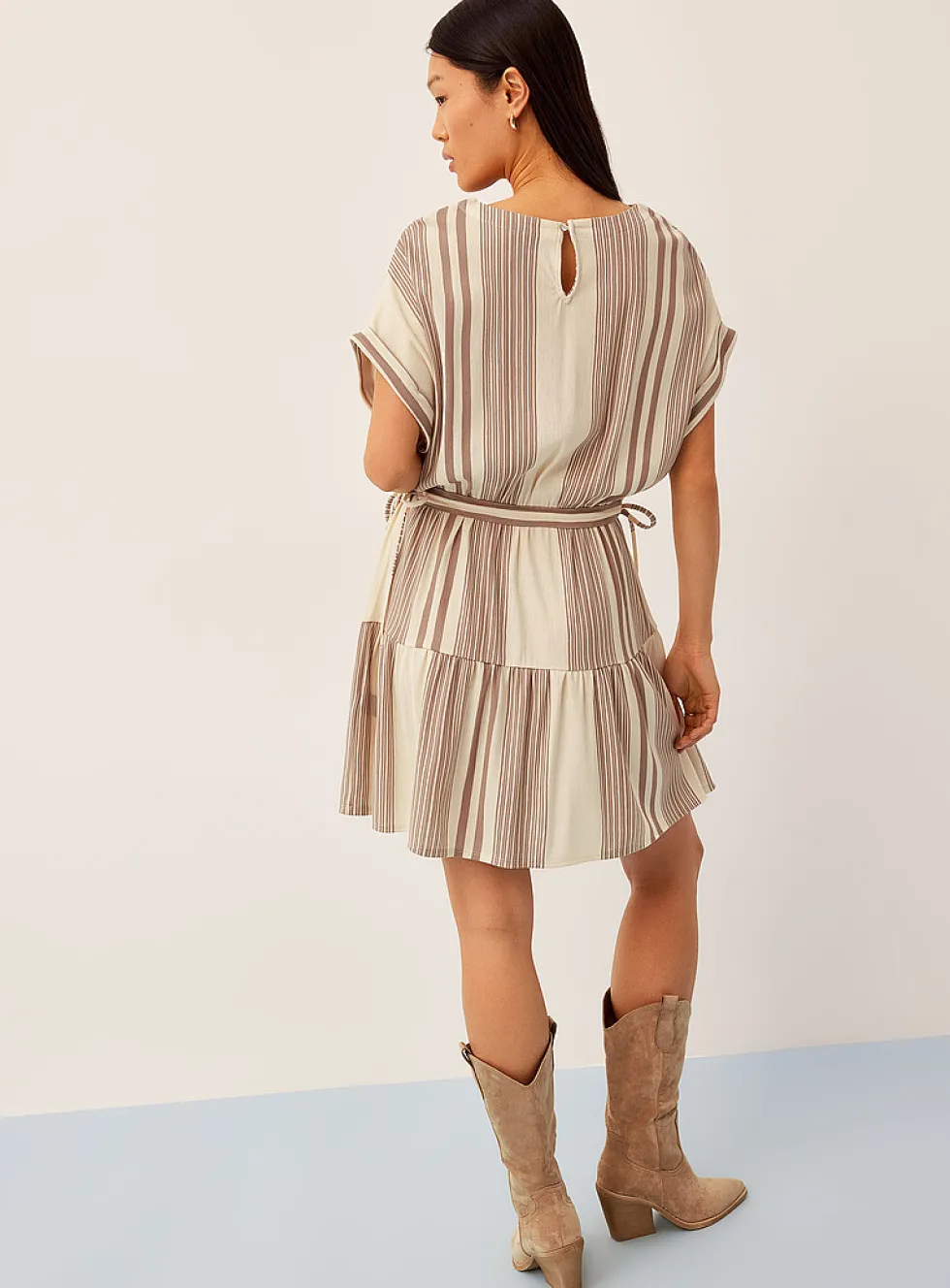 Irregular stripes tie-up waist piqué minidress