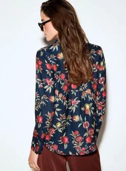 Jewel-button printed fluid blouse