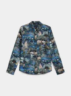Jewel-button printed fluid blouse