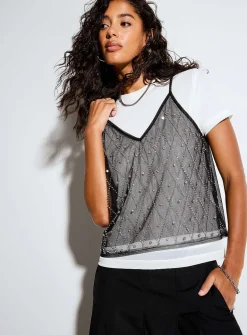 Jewelled diamond pattern V-neck cropped cami