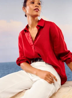 Johnny collar pure linen blouse