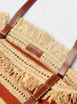 Knotted fringes striped braided raffia tote bag