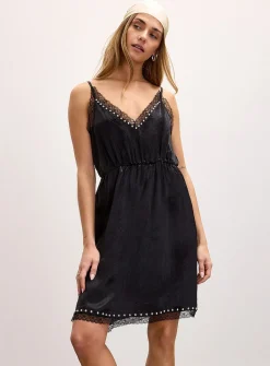 Lace and stud satin slip minidress