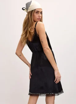 Lace and stud satin slip minidress