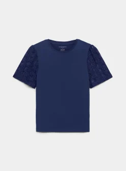 Lace puff-sleeve dual-material T-shirt