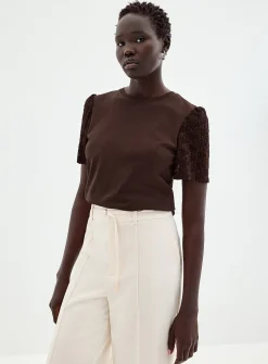 Lace puff-sleeve dual-material T-shirt