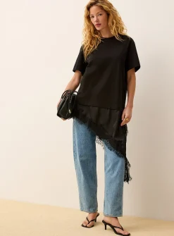 Lace trim asymmetrical T-shirt dress
