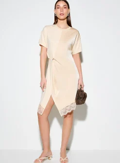 Lace trim dual-material draped T-shirt dress