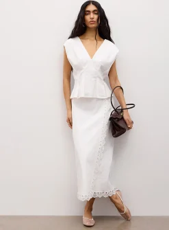 Lace trim linen-blend wraparound skirt