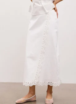 Lace trim linen-blend wraparound skirt