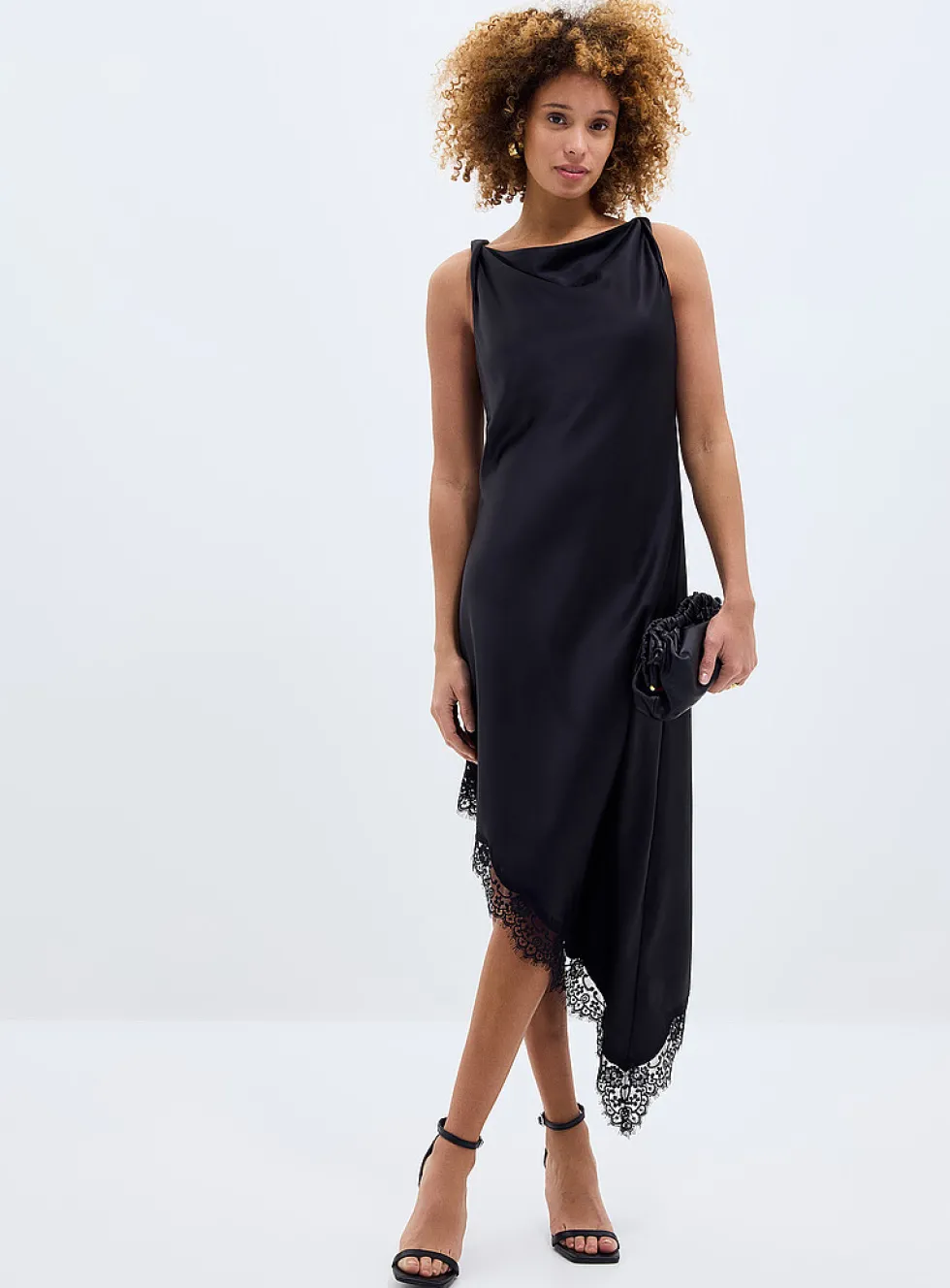 Lace trim satiny asymmetrical skirt