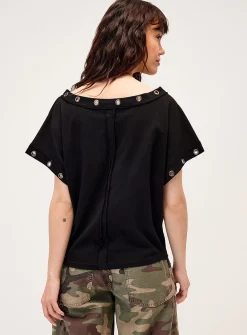 Large eyelets off-the-shoulder T-shirt