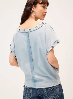 Large eyelets off-the-shoulder T-shirt