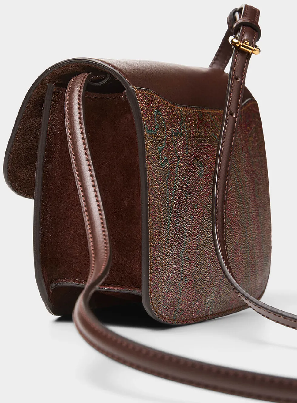 Leather and paisley canvas crossbody bag
