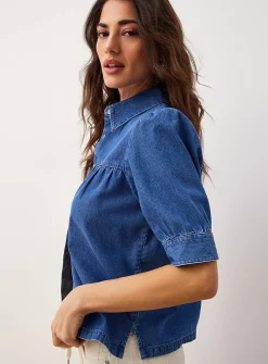 Lightweight denim puff-sleeve boxy-fit blouse