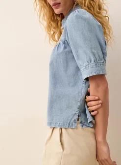 Lightweight denim puff-sleeve boxy-fit blouse