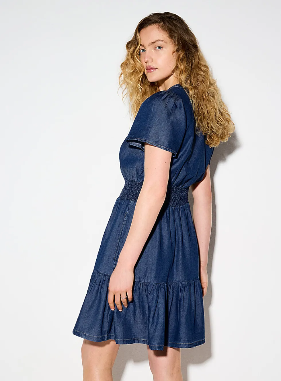 Lightweight denim smocked waist minidress