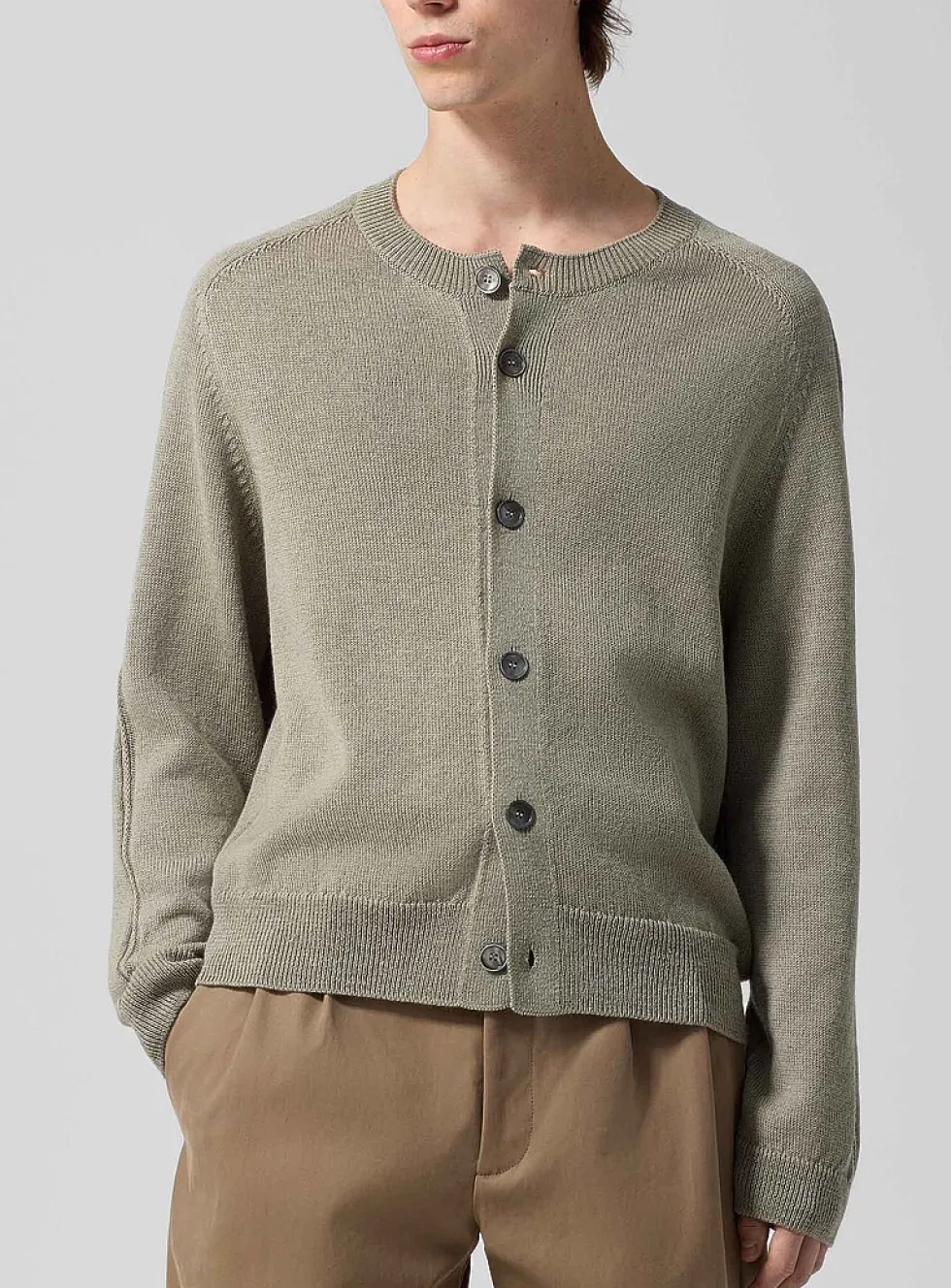 Linen and merino wool blend crew-neck cardigan