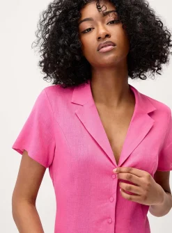 Linen-blend notched collar shirtdress