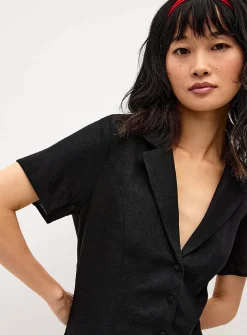 Linen-blend notched collar shirtdress