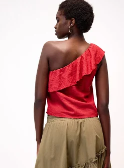 Linen-blend ruffled single-shoulder cami