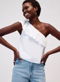 Linen-blend ruffled single-shoulder cami