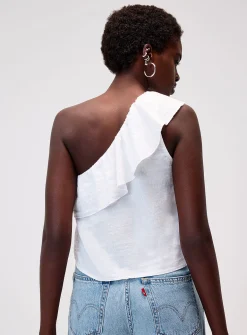 Linen-blend ruffled single-shoulder cami