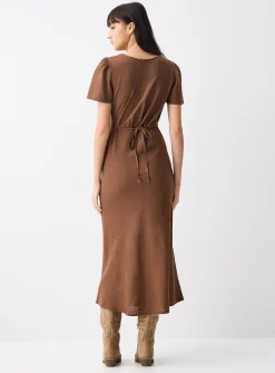 Linen-blend V-neck midi dress