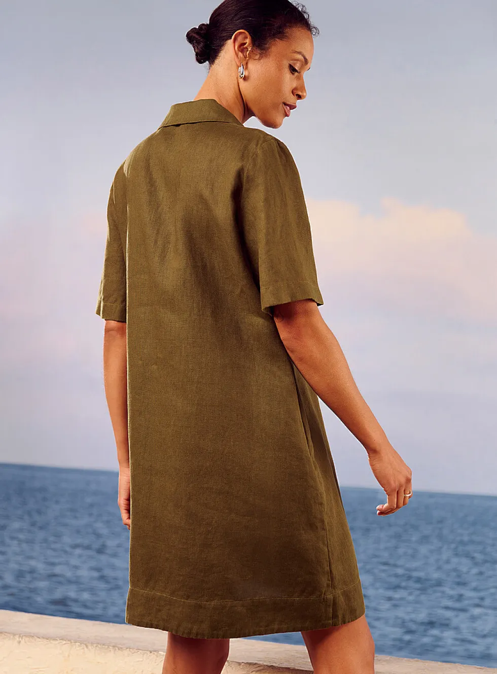 Loose pure linen Johnny collar dress