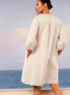 Loose pure linen 3/4-sleeve dress