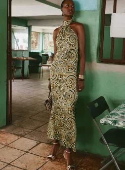 Luxurious paisley halter maxi dress